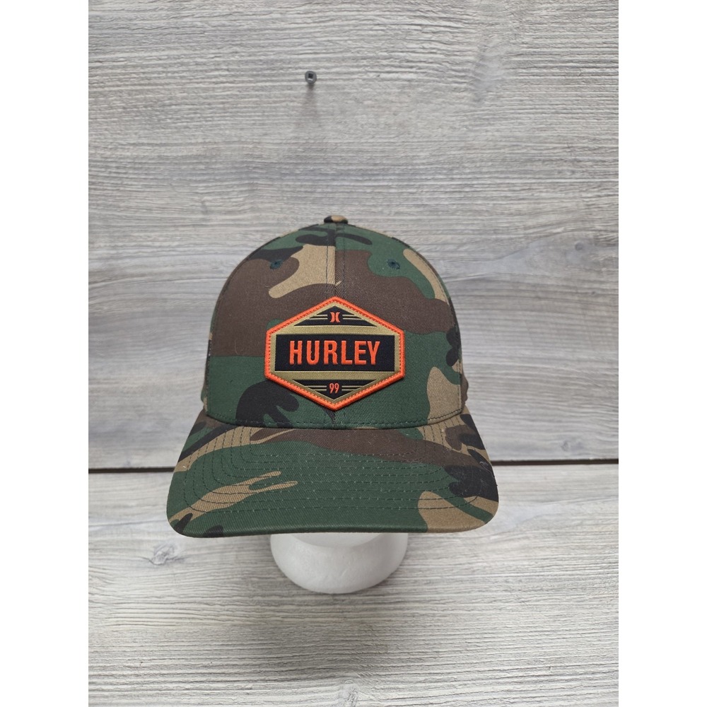 Hurley Fitted Camo Hat, Blaze Orange Hexagon Patch, FLEXFIT, Size L/XL H1